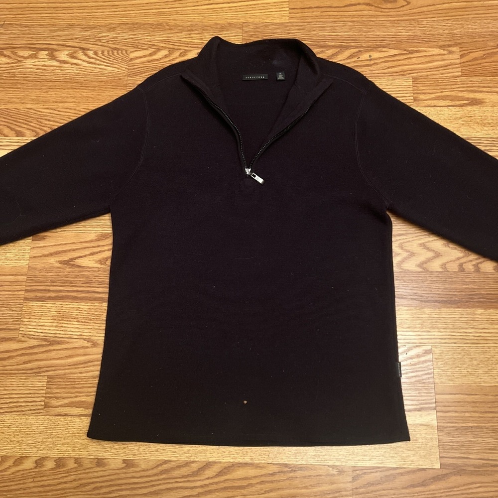 Structure Mens Medium Black Marino Wool Mock Neck 1/4 Zip Pullover Sweater(0041)